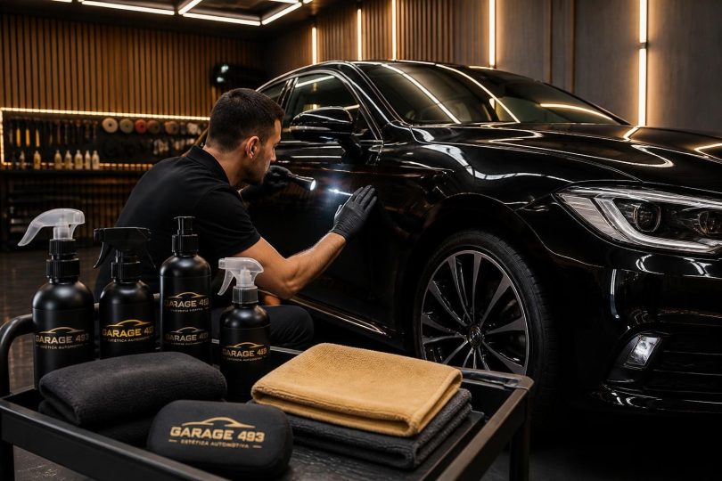 Técnico inspecionando pintura de carro em garagem elegante, logotipo Garage 493 ao fundo