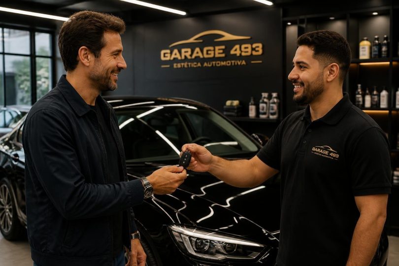 Cliente apresentando documento de seguro na recepção da Garage 493 para obter desconto
