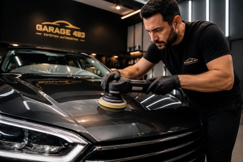 Técnico realizando polimento automotivo em capô de carro com luz refletindo na pintura