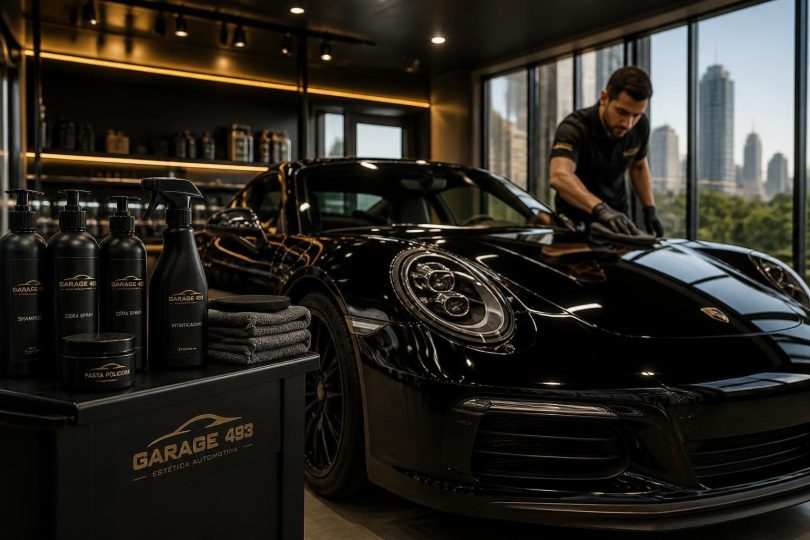 Técnico aplicando revestimento cerâmico no capô de um carro durante serviço de estética automotiva