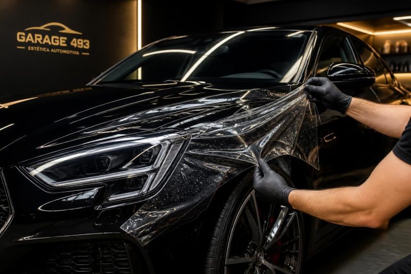 Técnico aplicando película PPF transparente sobre capô de carro em oficina
