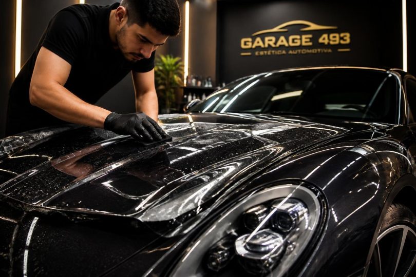 Técnico aplicando PPF no capô de um carro em oficina de Moema