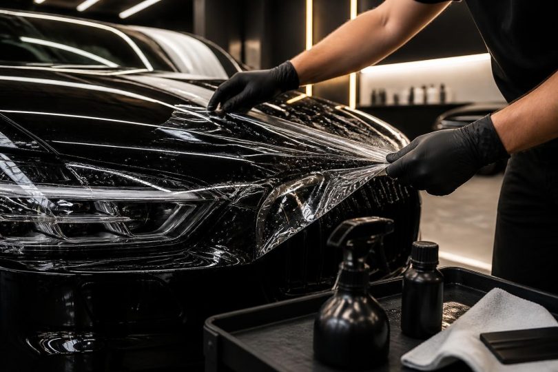 Técnico aplicando filme protetor PPF no para-choque de um carro em oficina de estética automotiva em Moema