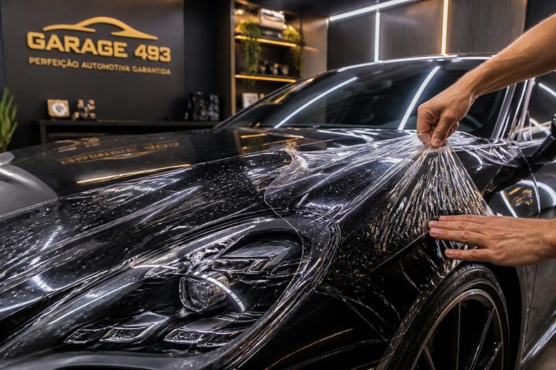 Técnico aplicando película PPF transparente no capô de um carro em oficina em Moema