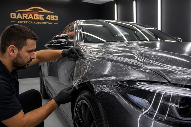 Técnico aplicando película PPF transparente no capô de um carro em oficina