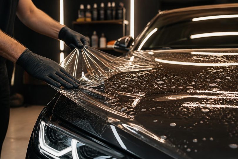 Técnico aplicando película de proteção de pintura PPF no capô de um carro em oficina