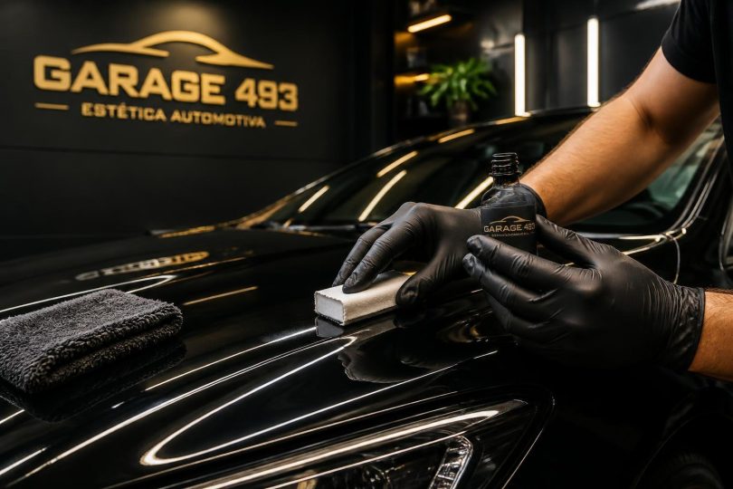 Técnico aplicando vitrificação cerâmica na pintura de um carro