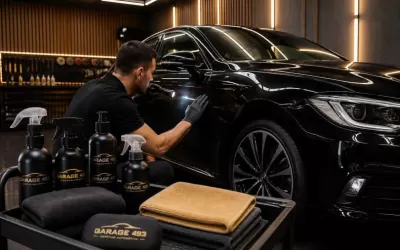 Técnico inspecionando pintura de carro em garagem elegante, logotipo Garage 493 ao fundo